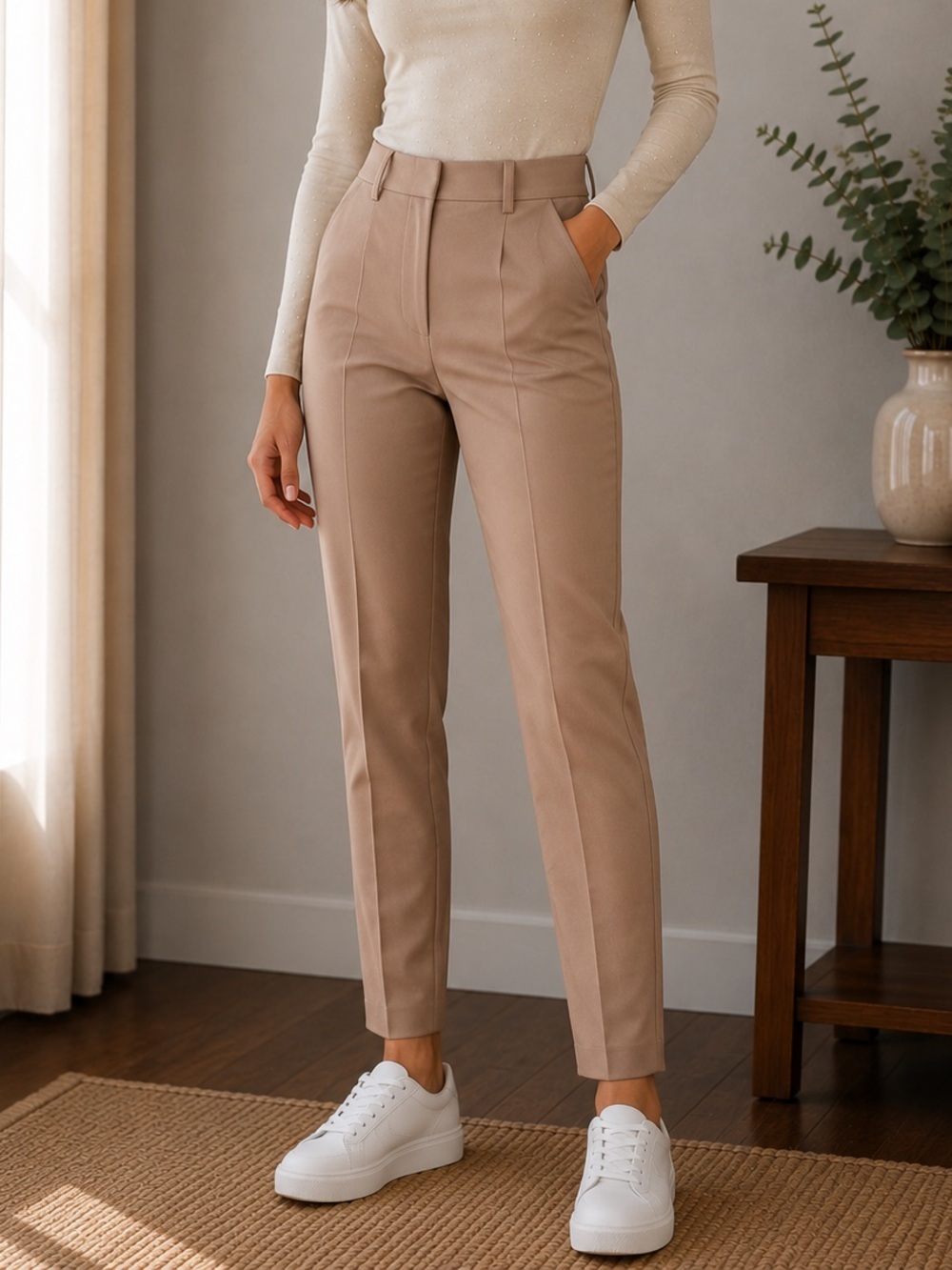 H&M Taupe High-Rise Tailored Trousers